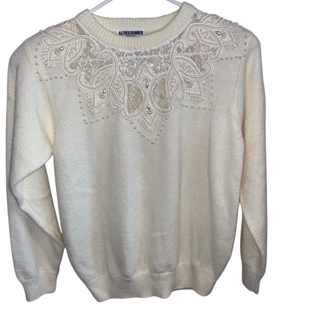 vintage alfred dunner cream pearl lace Embellished sweater coquette grandma